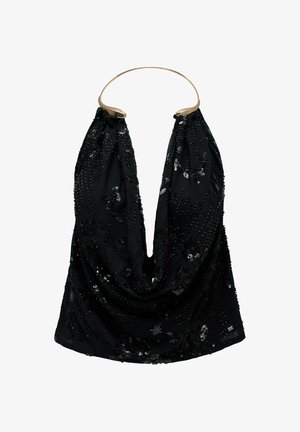 Haut noir à sequins avec col halter, décolleté plongeant et détail de col en métal doré.