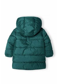 Giubbotto imbottito turchese con cappuccio, caratterizzato da segmenti cuciti orizzontali, polsini elasticizzati e una superficie in tessuto liscia e lucida.