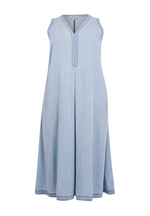 Ärmelloses hellblaues Denim-Midikleid mit V-Ausschnitt und mittiger Falte vorne, mit dezenten Nahtdetails und legerem Schnitt.