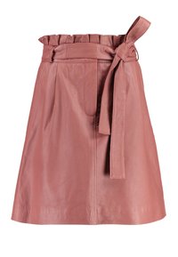 Vaaleanpunainen nahkahame, jossa on röyhelövyötärö ja solmukiinnitys. Hameessa on etutasku ja sileä pinta. Säännöllinen A-linjan muoto.