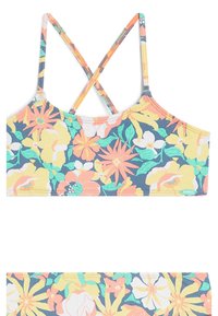 Cvetni bikini set z živahnim vzorcem rumene, oranžne in zelene barve na temni podlagi. Zgornji del ima križno vezane naramnice.