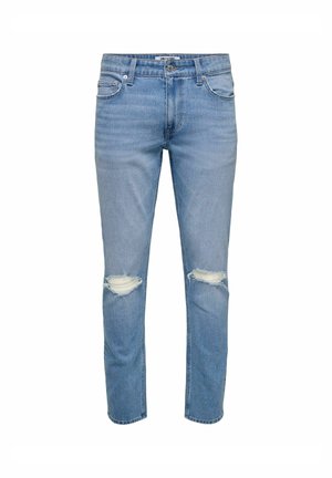 Heledad sinine denimist pükse, millel on slim fit, sisaldavad kulunud rebenemisekohti põlvedes ja tavapärane viie tasku stiil. Kaunistav õmblemine on nähtav.