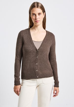 Cardigan en laine marron avec un col en V, des manches longues et des poignets côtelés. Équipé de boutons assortis sur le devant et d'un tissu texturé.
