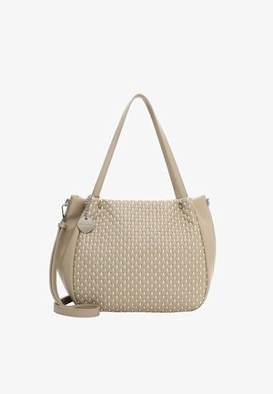 Bolso de cuero beige con panel frontal tejido, doble asa para el hombro, correa cruzada desmontable y una etiqueta de marca redonda de metal.