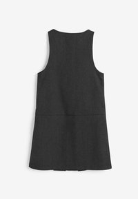 Robe sans manches gris foncé avec un col rond, tissu texturé et ourlet évasé, présentant un buste ajusté et une couture à la taille.