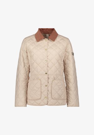 Beżowa pikowana kurtka z brązowym kołnierzem z sztruksu, zapinana na zatrzaski z przodu, z dwoma dużymi przednimi kieszeniami, prezentowana na białym tle.