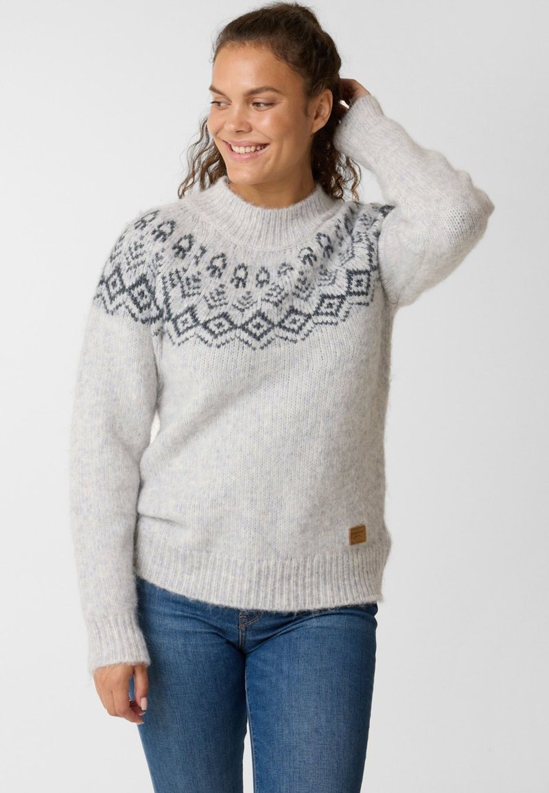 Light gray knitted sweater featuring a patterned yoke in dark gray. Ribbed cuffs and hem, with a small leather logo tag on the side.