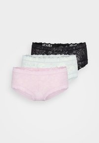Three pairs of floral lace underwear in black, light blue, and pale pink. Features scalloped edges and a soft texture.