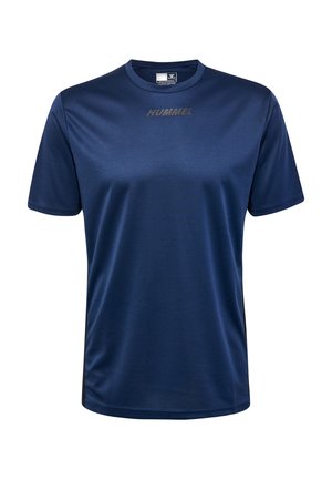 T-shirt de sport à manches courtes bleu marine en tissu lisse et respirant, arborant un design minimaliste avec un logo "HUMMEL" sur le devant.