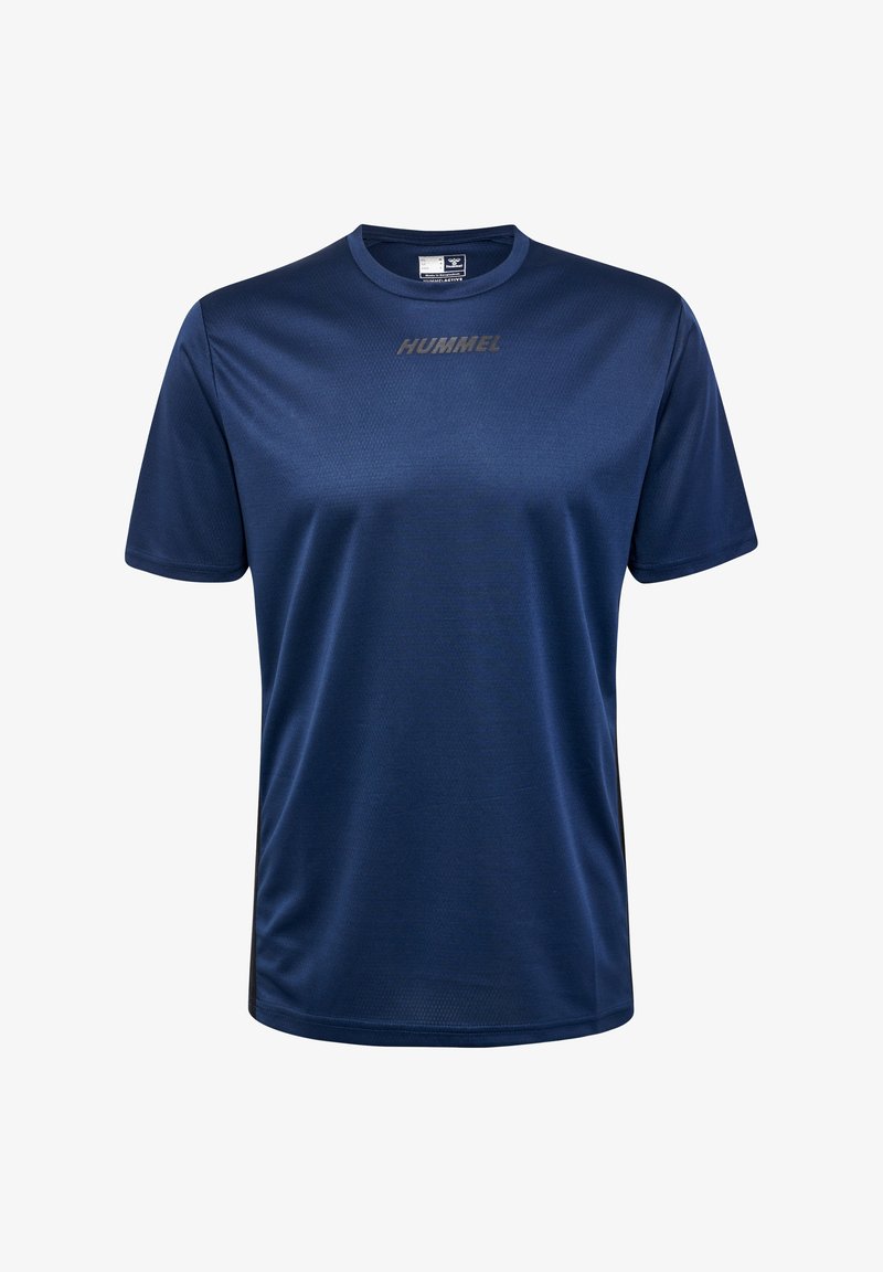 T-shirt de sport à manches courtes bleu marine en tissu lisse et respirant, arborant un design minimaliste avec un logo "HUMMEL" sur le devant.