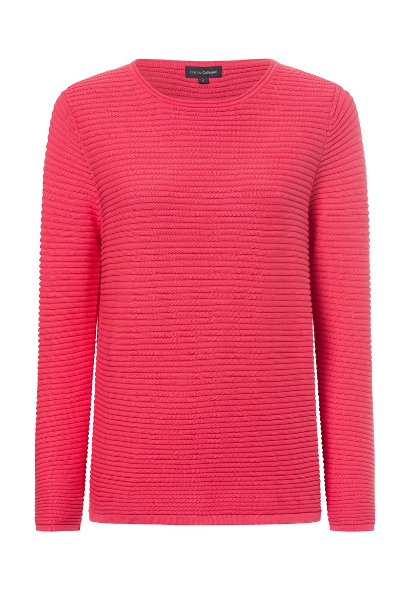 Rosa langärmliges Oberteil mit strukturiertem Rippmuster und Rundhalsausschnitt, aus einem glatten Stoff gefertigt. Etikett im Ausschnitt sichtbar.