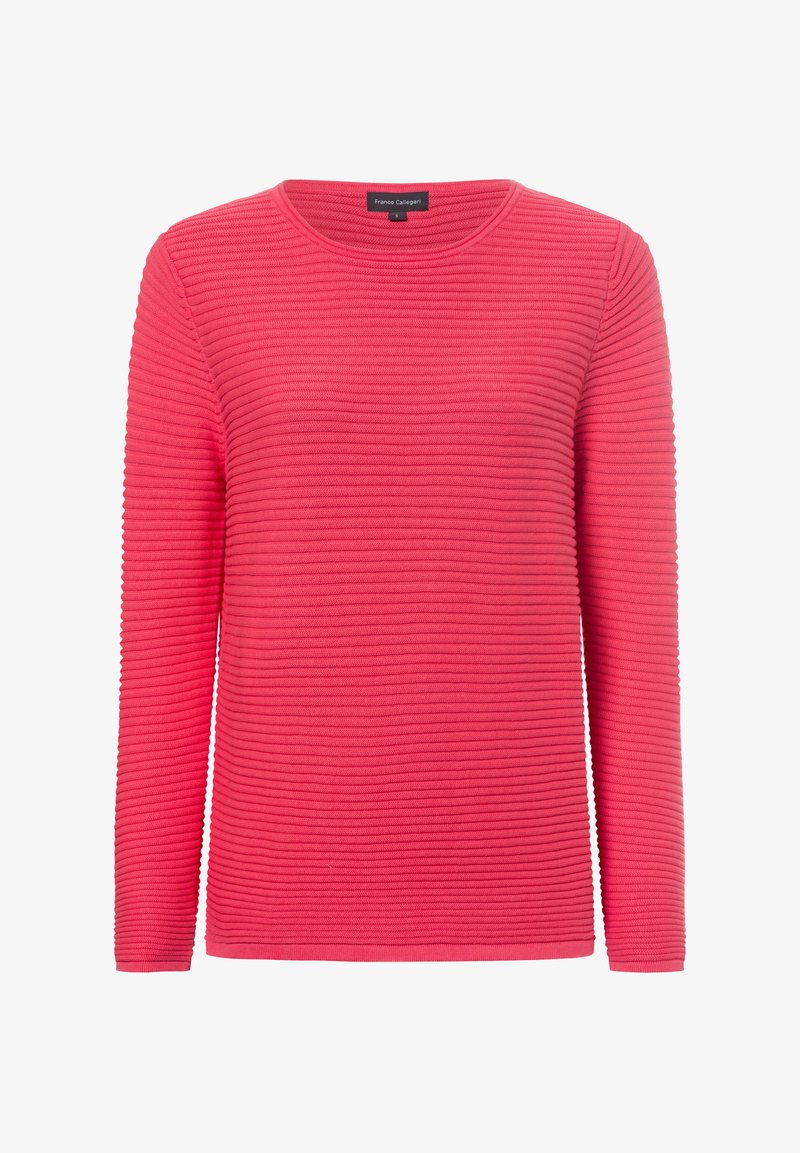 Rosa langärmliges Oberteil mit strukturiertem Rippmuster und Rundhalsausschnitt, aus einem glatten Stoff gefertigt. Etikett im Ausschnitt sichtbar.