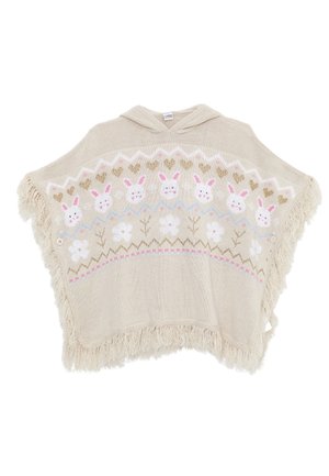 Beige gebreide poncho met een capuchon, voorzien van een konijnpatroon, bloemmotieven en franjes langs de zoom. Decoratieve pastelkleurige accenten inbegrepen.