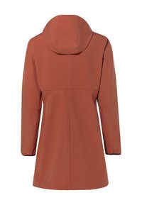Rust-colored long-sleeve hooded raincoat with a straight cut shown from the back on a white background.
