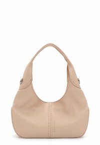 Beige ādas rokassoma ar noapaļotu siluetu, vienu izliekta rokturi un smalkiem šuvuma detaļām priekšpusē. Tīrs dizains, minimāla aparatūra.