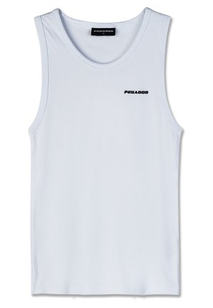 Weißes ärmelloses Tanktop mit schwarzem "PEGADOR"-Logo auf der Brust und einem schwarzen Etikett mit "PEGADOR M" am Halsausschnitt.