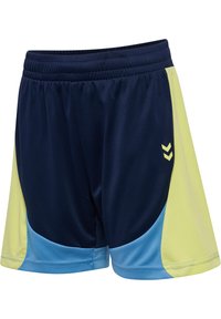 Marina atletiska shorts med ljusblå och gula paneler, elastisk midja och en logotyp med tre chevronger på sidan. Slät textur.