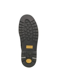 Semelle de chaussure noire en caoutchouc avec des motifs de crantage profonds et un accent jaune central, portant la mention "Camel Active." Finition texturée pour une meilleure adhérence.