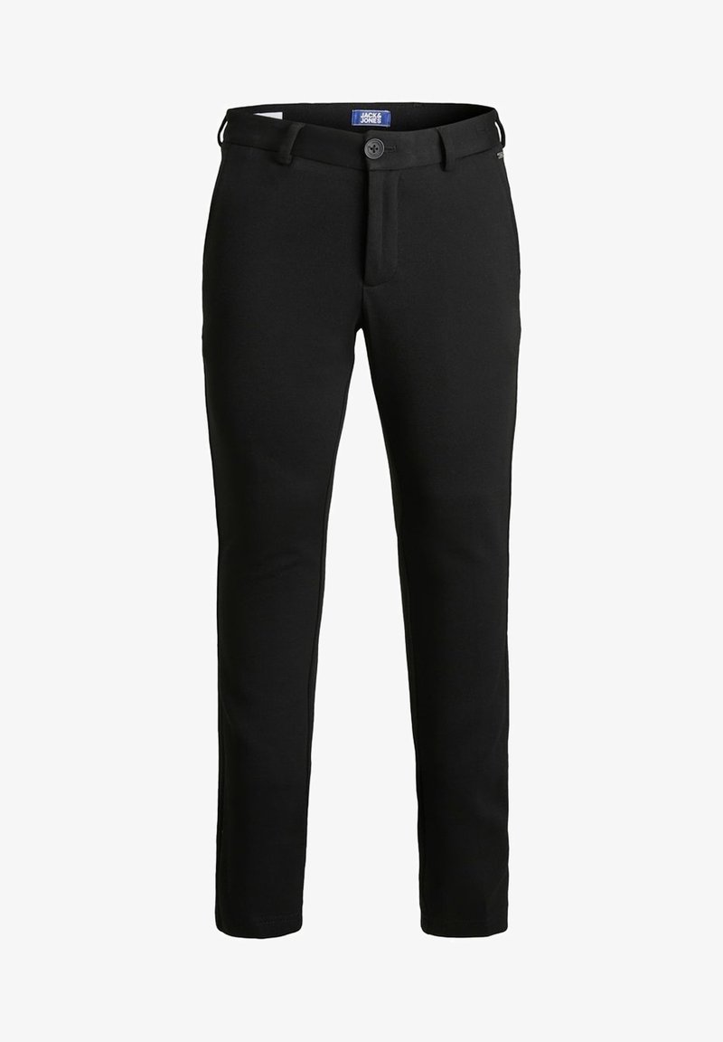 Pantalon noir pour homme, coupe slim, avec fermeture à bouton et zip, passants pour ceinture, et poches avant.