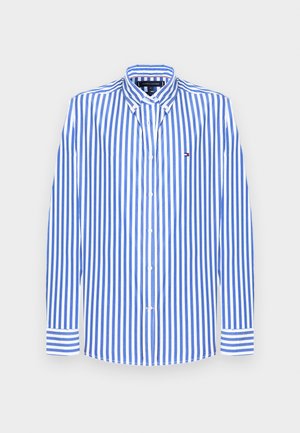 Striped button-down shirt in blue and white, cotton material, features long sleeves with button cuffs and a small logo on the chest.