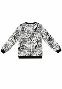 Schwarz-weißer Sweatshirt mit Dinosaurier-Grafikmuster und Comic-Elementen. Lange Ärmel, gerippte Bündchen und runder Ausschnitt.