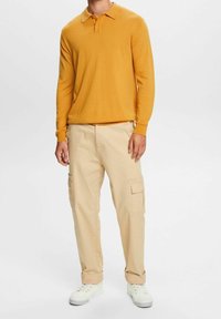 Senfgelb longsleeve Polo-Shirt mit Kragen, kombiniert mit hellbeigen Cargo-Hosen mit Seitentaschen. Weiße Sneakers vervollständigen das Outfit.