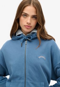 Felpa blu con zip e cappuccio regolabile, caratterizzata da un logo ricamato discreto. Texture morbida, tasche frontali e fodera interna a contrasto.