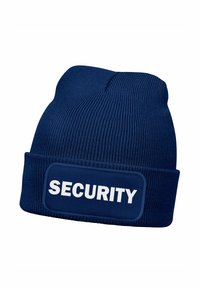 Navy knit beanie with a folded cuff, featuring a white rectangular patch labeled "SECURITY" in bold uppercase letters.