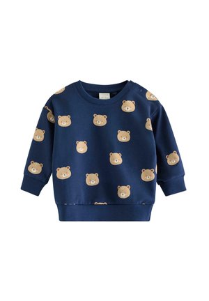 Navyblå sweatshirt til småbørn med lange ærmer, ribkanter og trykte lysebrune bjørneansigter spredt på forsiden og ærmerne.