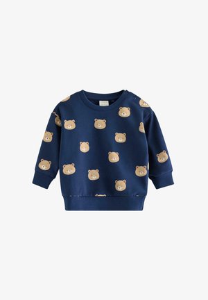 Navyblå sweatshirt til småbørn med lange ærmer, ribkanter og trykte lysebrune bjørneansigter spredt på forsiden og ærmerne.
