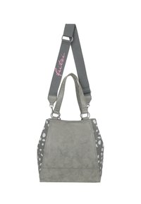 Sac à main gris avec doubles poignées et bandoulière ajustable. Matériau texturé, motif géométrique en bleu clair sur les côtés et logo rose sur la bandoulière.