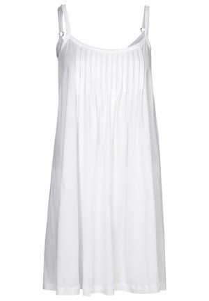 Robe d'été blanche sans manches avec bretelles fines réglables et plis verticaux sur le corsage.