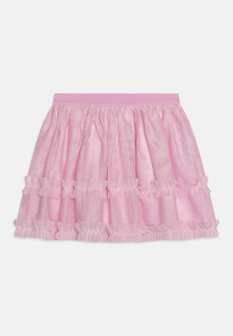 Rozā tilla svārki ar rufļotu dizainu, kas satur trīs līmeņus un elastīgu jostasviju. Mīksts, viegls materiāls ar caurspīdīgu izskatu.