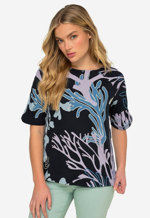 Short-sleeve black top featuring a coral-inspired pattern in shades of blue and violet, with a relaxed fit and round neckline.