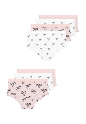 Quattro paia di mutandine di cotone con un mix di colori bianco e rosa, con motivi a fiocco nero e accenti solidi. Include fasce elastiche morbide in vita.