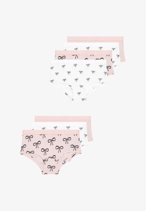 Quattro paia di mutandine di cotone con un mix di colori bianco e rosa, con motivi a fiocco nero e accenti solidi. Include fasce elastiche morbide in vita.