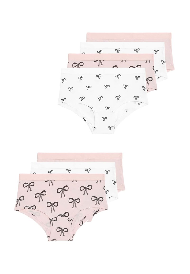 Čtyři páry bavlněných kalhotek v kombinaci bílé a růžové barvy s černými mašličkovými vzory a jednobarevnými akcenty. Součástí jsou měkké elastické pasy.