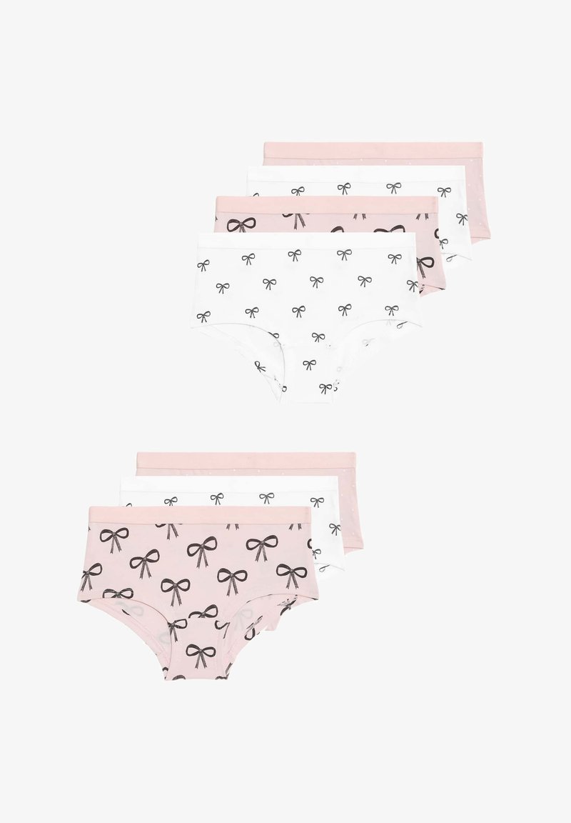 Čtyři páry bavlněných kalhotek v kombinaci bílé a růžové barvy s černými mašličkovými vzory a jednobarevnými akcenty. Součástí jsou měkké elastické pasy.