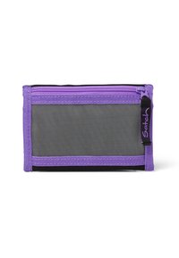 Paarse en zwarte gaas tas met een ritssluiting. Heeft een slank rechthoekig formaat en duurzaam textielmateriaal, ideaal voor opslag.