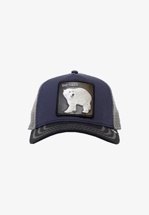 Gorra azul marino con lados de malla gris. Presenta un parche rectangular con un oso blanco y el texto "BIG TIMER". Visera curva con acentos texturizados.