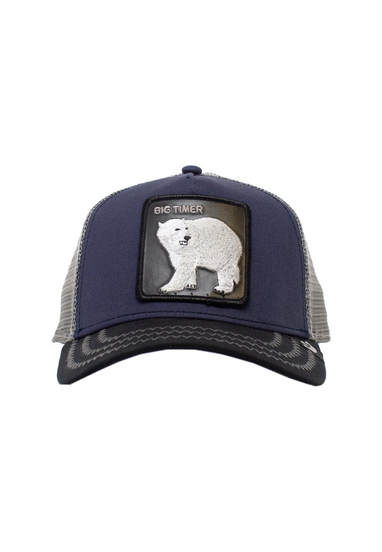 Gorra azul marino con lados de malla gris. Presenta un parche rectangular con un oso blanco y el texto "BIG TIMER". Visera curva con acentos texturizados.