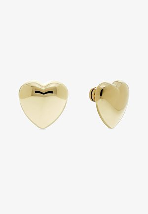 Boucles d'oreilles en forme de cœur en or avec une surface lisse et réfléchissante et des bords arrondis. Le design est symétrique avec une attache sécurisée.