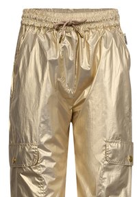 Gouden, glanzende, lichtgewicht cargobroeken met een elastische tailleband, verstelbaar trekkoord en zijzakken met knoopflappen.