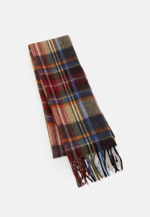 Écharpe en laine pliée avec motif à carreaux multicolores rouge, bleu, vert, beige et noir, avec des franges aux extrémités sur fond blanc.