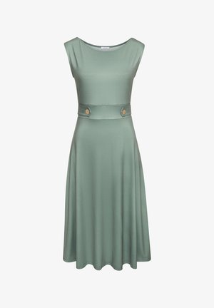 Grünes ärmelloses Kleid mit einem Bootsausschnitt, tailliertem Schnitt und dekorativen runden Knöpfen am Gürtel. Glattes, leichtes Material mit einem ausgestellt geschnittenen Rock.