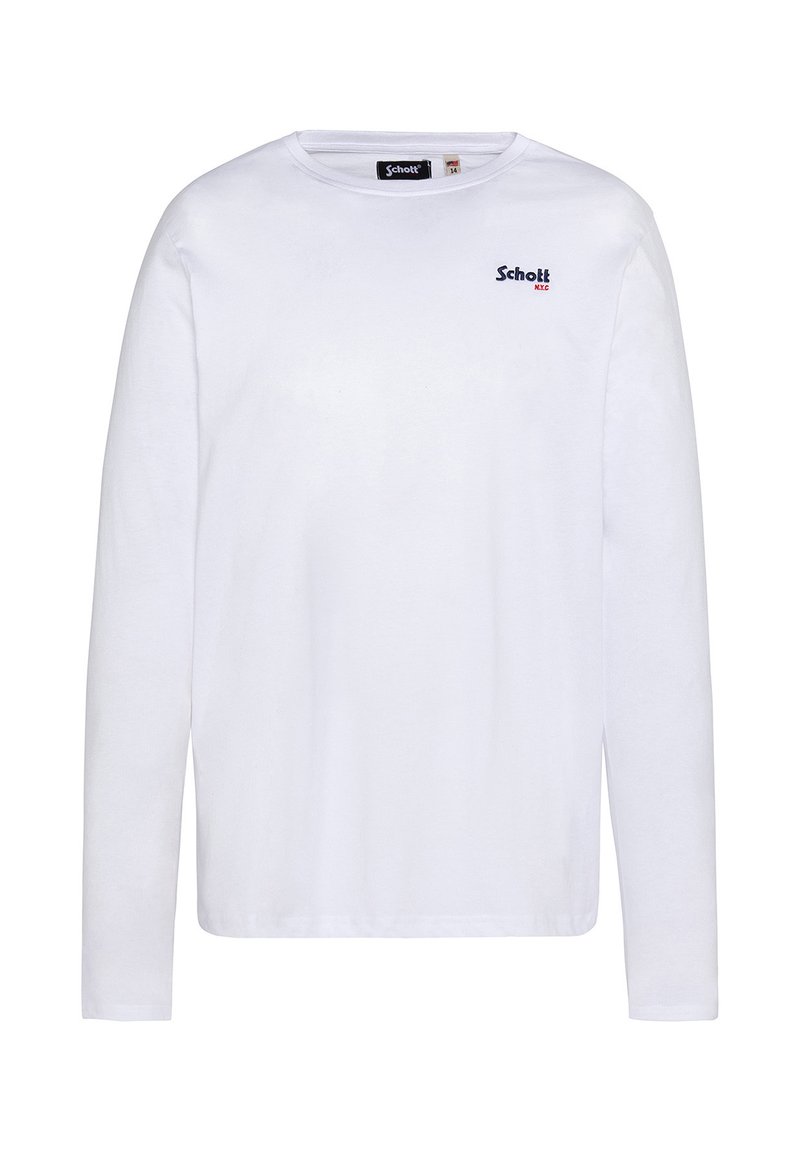 T-shirt bianca a maniche lunghe in cotone, con collo tondo e un piccolo logo blu Schott sulla parte sinistra del petto. Design semplice, senza motivi.
