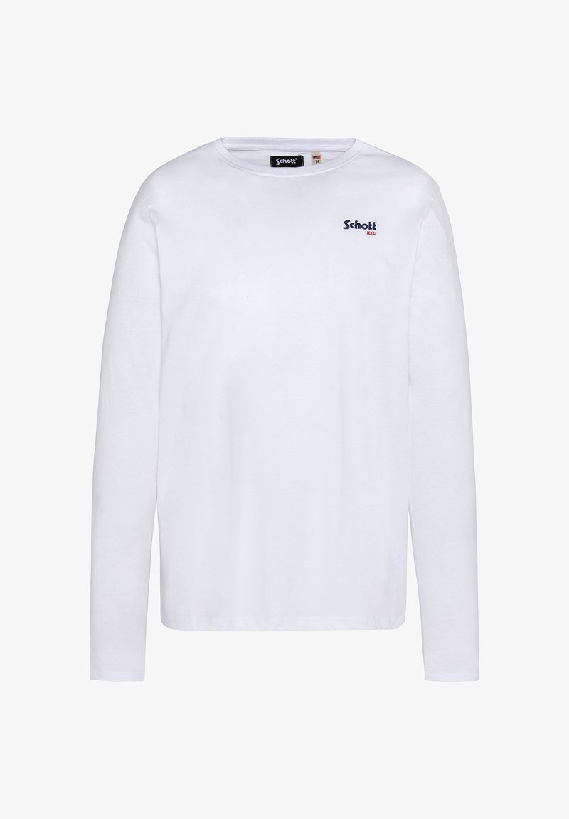 Camiseta blanca de manga larga hecha de algodón, con cuello redondo y un pequeño logo azul de Schott en la parte izquierda del pecho. Diseño simple, sin patrones.