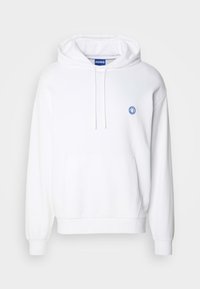 Felpa bianca con tasca frontale, cappuccio con coulisse e logo di faccina sorridente blu sul petto. Realizzata in morbido materiale di cotone.