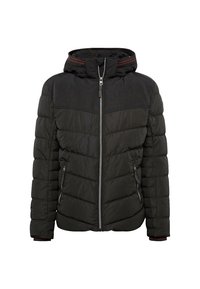 Giacca a vento nera con zip frontale, dotata di cappuccio e tasche laterali; il pannello anteriore ha una texture liscia, le maniche sono trapuntate.