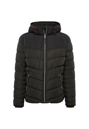 Doudoune noire avec fermeture éclair à l'avant, dotée d'une capuche et de poches latérales ; le panneau avant a une texture lisse, les manches sont matelassées.